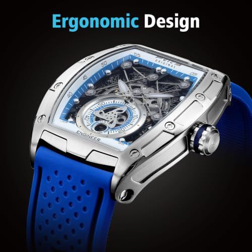 FEICE FM503 Herren Automatikuhr Skelett Blaue Uhr Automatik | Uhrenarmband aus Flüssigsilikon, Edelstahlgehäuse tonnenförmiges, galvanisierten blauen Mineralglas ausgestattet (3)