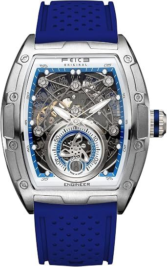 FEICE FM503 Herren Automatikuhr Skelett Blaue Uhr Automatik | Uhrenarmband aus Flüssigsilikon, Edelstahlgehäuse tonnenförmiges, galvanisierten blauen Mineralglas ausgestattet