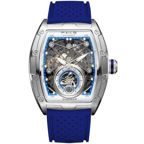 FEICE FM503 Herren Automatikuhr Skelett Blaue Uhr Automatik | Uhrenarmband aus Flüssigsilikon, Edelstahlgehäuse tonnenförmiges, galvanisierten blauen Mineralglas ausgestattet (2)