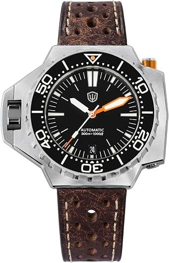 watchdives WD1968 Taucheruhren für Herren, PT5000 PT5004 Automatische Armbanduhr, 49.8 mm, Saphirglas, BGW9 Blau Blaulicht Leuchtend Automatikuhren, 300 m wasserdichte Taucheruhr mit Lederarmband