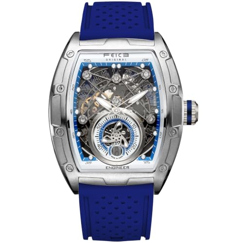 FEICE FM503 Herren Automatikuhr Skelett Blaue Uhr Automatik | Uhrenarmband aus Flüssigsilikon, Edelstahlgehäuse tonnenförmiges, galvanisierten blauen Mineralglas ausgestattet (2)