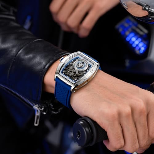 FEICE FM503 Herren Automatikuhr Skelett Blaue Uhr Automatik | Uhrenarmband aus Flüssigsilikon, Edelstahlgehäuse tonnenförmiges, galvanisierten blauen Mineralglas ausgestattet (7)