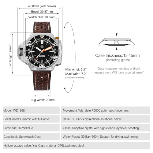 watchdives WD1968 Taucheruhren für Herren, PT5000 PT5004 Automatische Armbanduhr, 49.8 mm, Saphirglas, BGW9 Blau Blaulicht Leuchtend Automatikuhren, 300 m wasserdichte Taucheruhr mit Lederarmband (3)