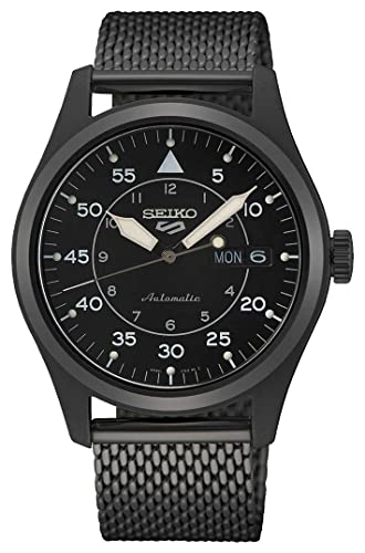 Seiko 5 Sportflieger Automatik schwarzes Zifferblatt Schwarze Milanese Armbanduhr SRPH25K1 (2)