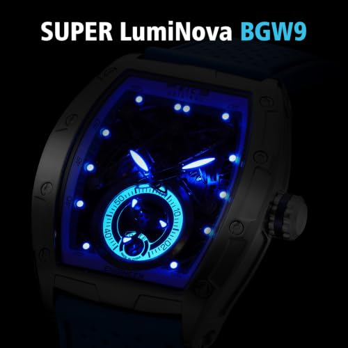 FEICE FM503 Herren Automatikuhr Skelett Blaue Uhr Automatik | Uhrenarmband aus Flüssigsilikon, Edelstahlgehäuse tonnenförmiges, galvanisierten blauen Mineralglas ausgestattet (5)