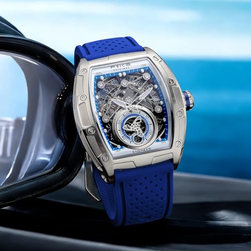 FEICE FM503 Herren Automatikuhr Skelett Blaue Uhr Automatik | Uhrenarmband aus Flüssigsilikon, Edelstahlgehäuse tonnenförmiges, galvanisierten blauen Mineralglas ausgestattet (6)