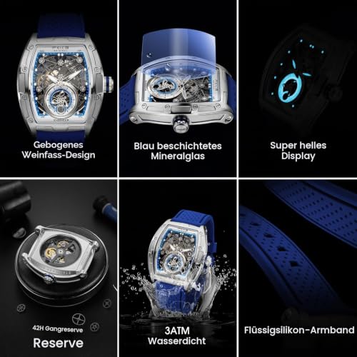 FEICE FM503 Herren Automatikuhr Skelett Blaue Uhr Automatik | Uhrenarmband aus Flüssigsilikon, Edelstahlgehäuse tonnenförmiges, galvanisierten blauen Mineralglas ausgestattet (4)