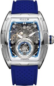 FEICE FM503 Herren Automatikuhr Skelett Blaue Uhr Automatik | Uhrenarmband aus Flüssigsilikon, Edelstahlgehäuse tonnenförmiges, galvanisierten blauen Mineralglas ausgestattet